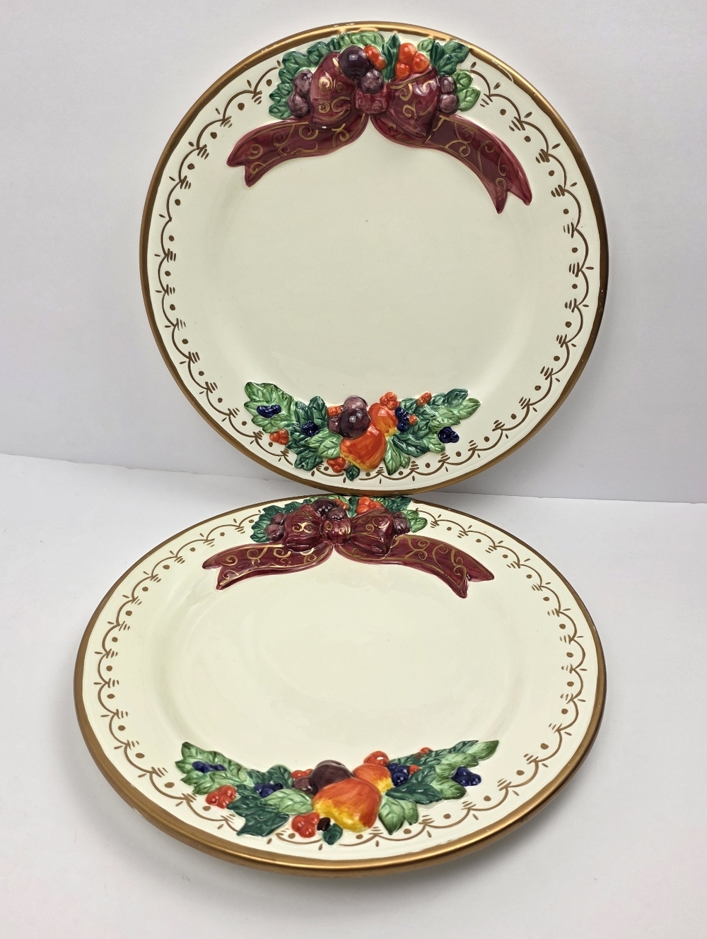 Set of 2 Decorative Plates 10” Fruit Design Raised Pattern Excellent Condition